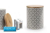 Doza za piškote - Cre biškotiera z lesenim pokrovom h17cm / črno-bela / porcelan