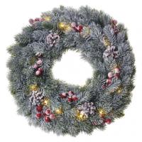 LED božični venec zasnežen, 38 cm, 2x AA, notranji, topla bela, časovnik